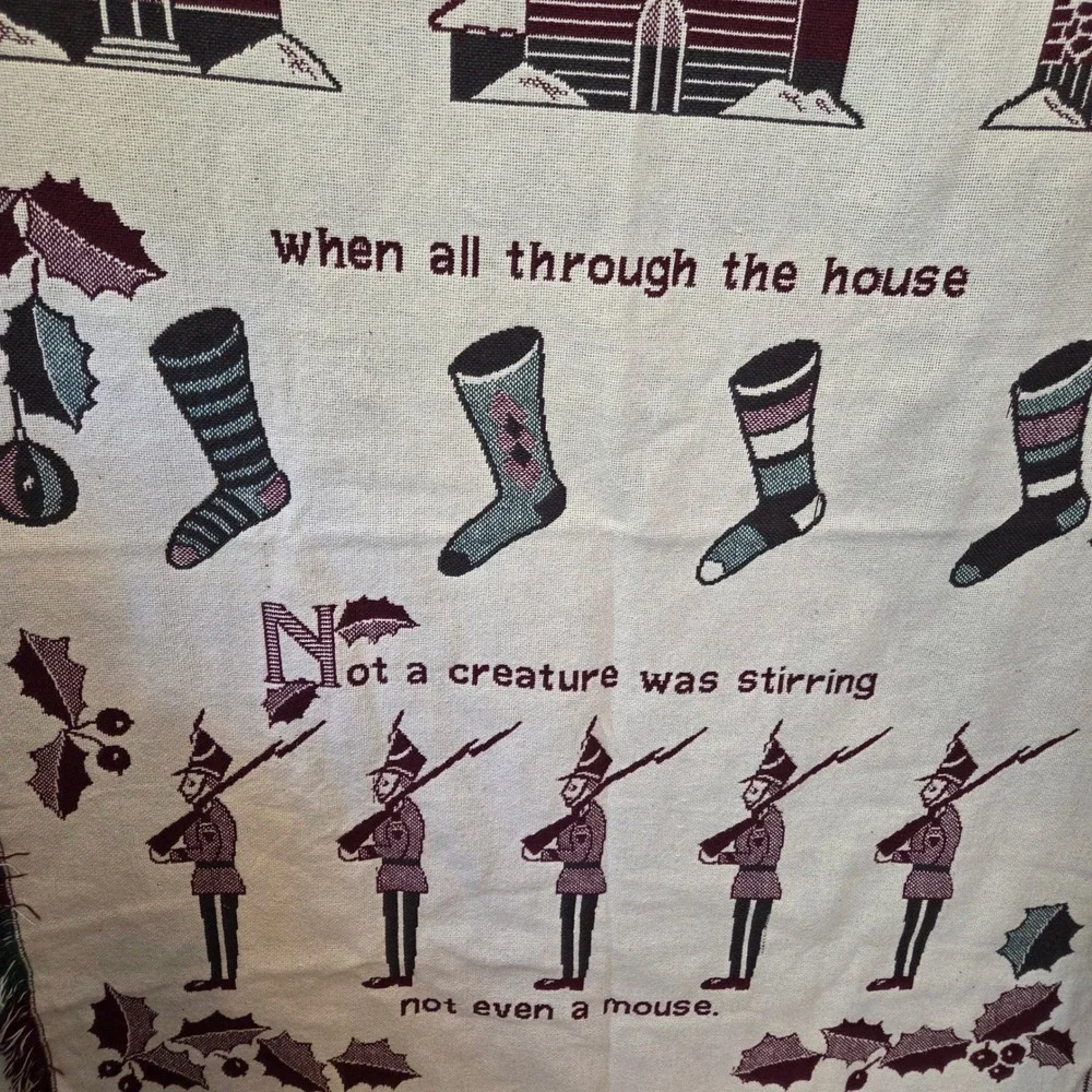 Vintage Twas Night Before Christmas Tapestry Throw 47x70 Cotton Spain Santa NICE